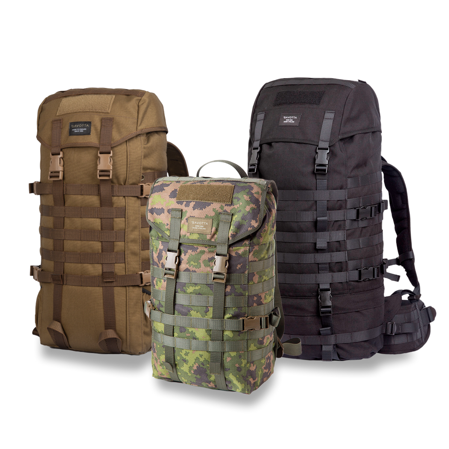 Jääkäri Backpack in different sizes: M, S, L from left to right.